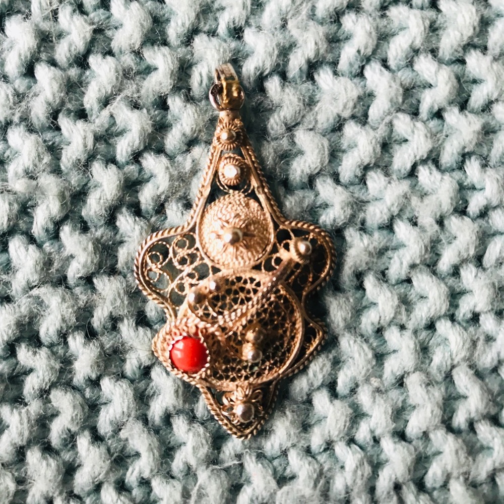 Silver Filigree & Red Coral Pendant